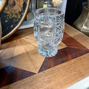 Carved Glass vintage cut crystal footed vase with a geometric design.
